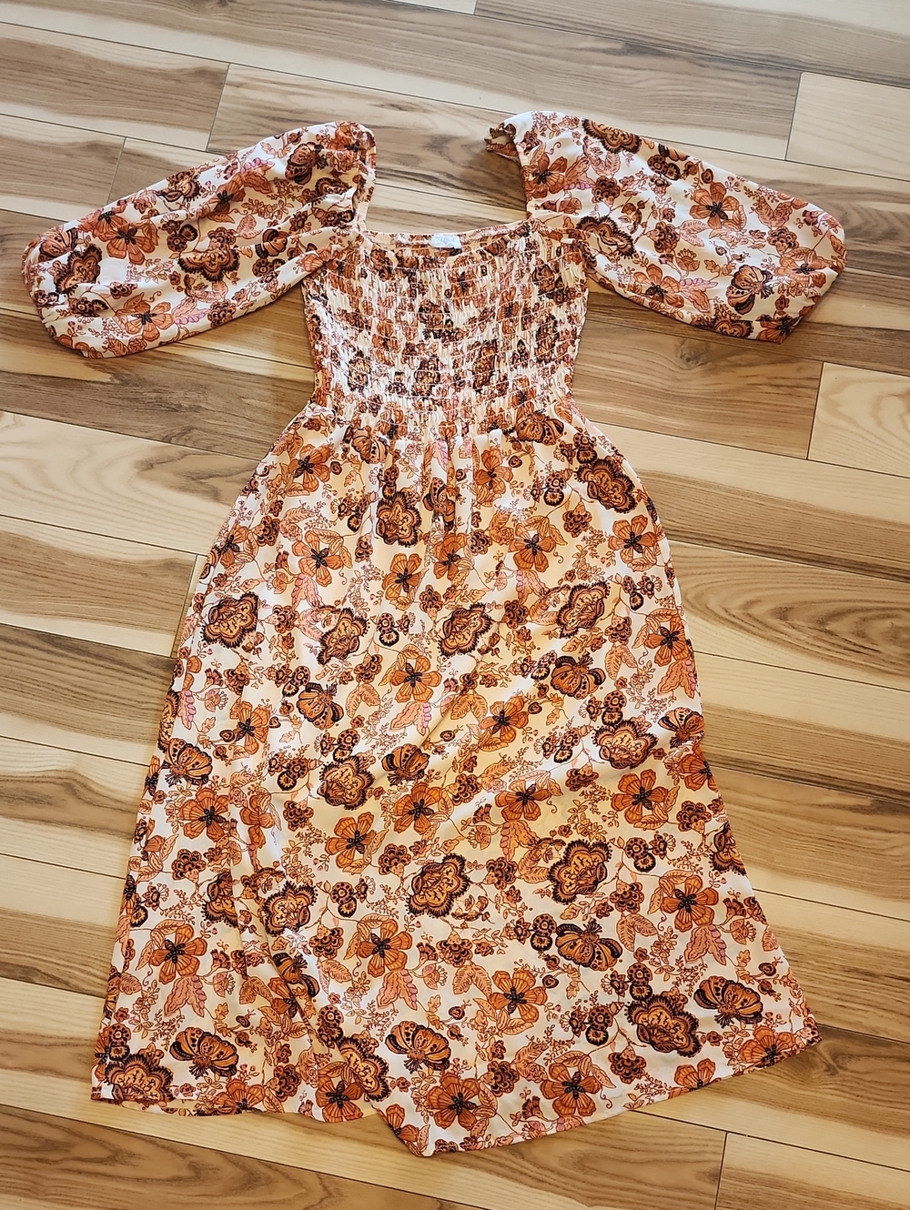 Sienna Sky Orange & Cream Floral Puff-Sleeve Midi Dress
